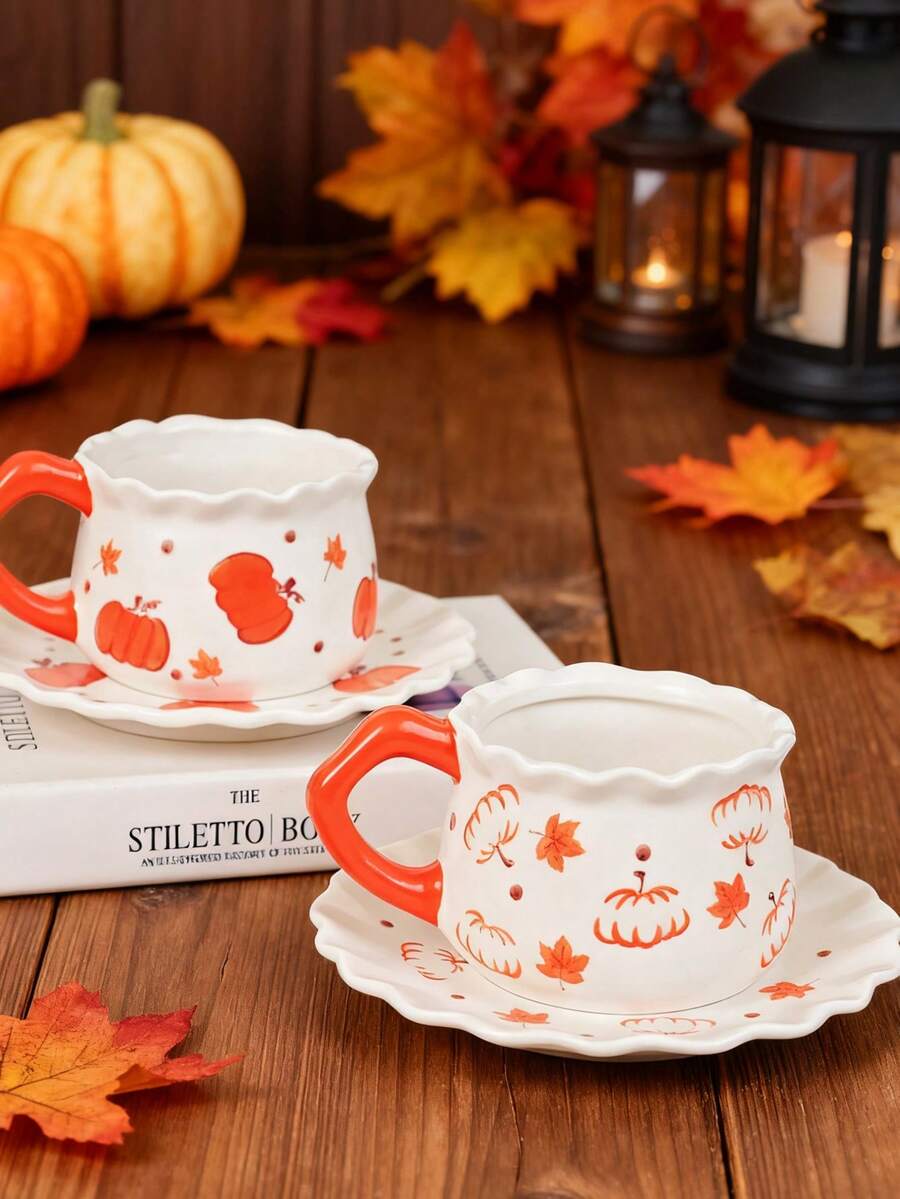 1 conjunto criativo minimalista pintado à mão com design assimétrico de abóbora, xícara de café de cerâmica e pires, ideal para presente de Halloween