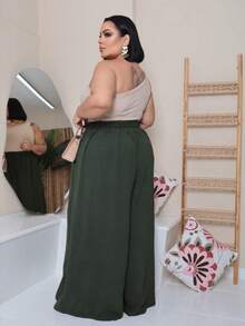 Maxi Pantalona Plus Size Without Slit Duna Fabric Elastic Waist - Army Green - View 3