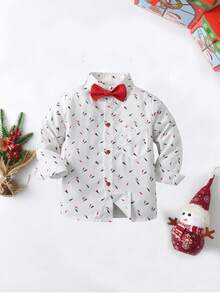 BOARNSEORL Bộ 2 bộ trang phục quý ông cho bé trai, áo sơ mi dài tay in họa tiết ngẫu nhiên có nơ và quần yếm, thời trang cho tiệc sinh nhật, kỷ niệm, giáng sinh - Đỏ - Xem 6