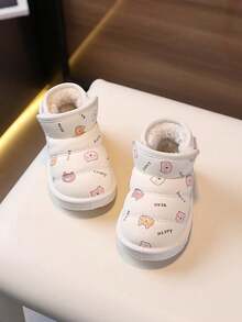 1 双儿童卡通图案合成皮革保暖钩环低帮平底可爱冬鞋，适合秋冬季日常穿着、玩耍和外出 - 白色 - 查看 17