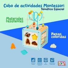 Cubo Montessori para Enseñanza| Juguete de laberinto educativo| Cubo de Actividades de Madera| Juguetes educativos adecuados para niños y bebés.| Cubo de Actividades Montessori 5 en 1 Espacio