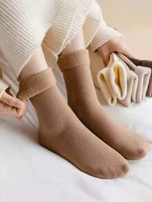 5 pares de calcetines de nieve de colores de la tierra para mujeres, calcetines de tubo medio verticales de otoño e invierno, calcetines esponjosos y calcetines de piso cálidos con engrosamiento de lana, adecuados para uso diario y diversas ocasiones, color aleatorio