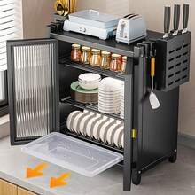 Armario de Almacenamiento de Platos de Metal para Cocina de 3 Niveles, con Plato de Drenaje y 4 Ganchos para Colgar Cucharas, Organizador Multifuncional de Cocina, Extensión de Encimera para Platos y Boles, para Organización y Almacenamiento de la Encimera de Cocina en Casa - Negro - Ver 2