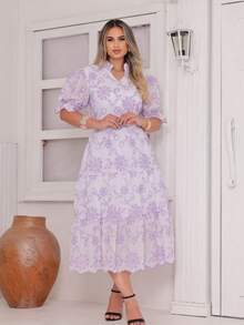 Women's Fashion Midi Dress In 3D Laise Fabric With Elastex On The Back And Button On The Front And Lining - White/lilac - View 3