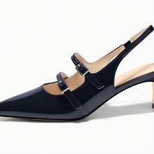 Womens Slingback Kitten Heels Mary Jane Pumps Closed Pointed Toe Buckle Strap Wedding Dress Shoes - Màu xanh hải quân - Xem 4