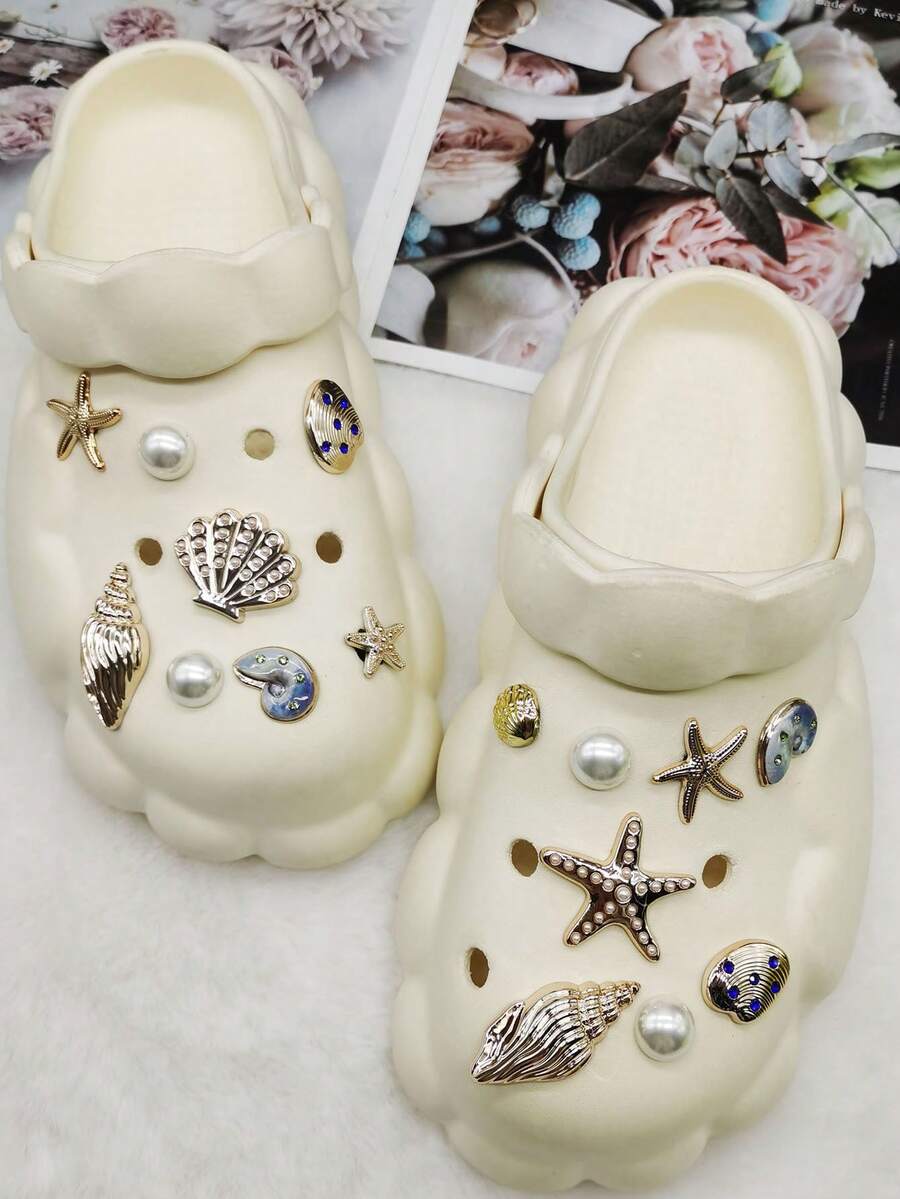 16件套ABS树脂金色奢华海洋航海风海星鞋饰，闪亮水钻海螺鞋扣装饰，可拆卸仿珠贝壳鞋配件，DIY多功能鞋夹，适合女士凉鞋、拖鞋、沙滩包，圣诞节、万圣节、情人节、生日、节日派对礼物（不含鞋子）