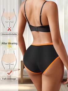 4条装女士中腰印花内裤，舒适字母印花，撞色腰带，柔软透气面料 - 彩色 - 查看 3