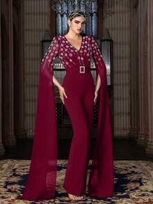 Elegant Crystal Embellished Jumpsuit - V-Neck Batwing Sleeve, Square Buckle Waist Belt, Flowy Wide Leg - Perfect For Formal Events, Red Carpet, Wedding Guests, And Gala Parties. - Burgundy - View 6