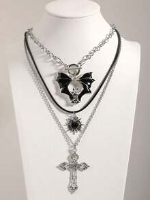 3pcs Vintage Gothic Style Beaded Black Heart OT Chain, Punk Rock Retro Sweet Goth Cross Necklace, Dark Gothic European & American Y2K Choker Necklace Design - Đen 2 - Xem 6