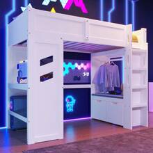 Hochbett, 90x200cm, Gaming Bed Mit Schreibtisch, Mit LED-Lüchten, 1 USB-Anschlüssen, 1 Typ-C Ausgestattet, Leiter, Schreibtisch, Schublade, Wäscheständer, Ohne Matratze, Weiß - 90cm*200cm - View 3