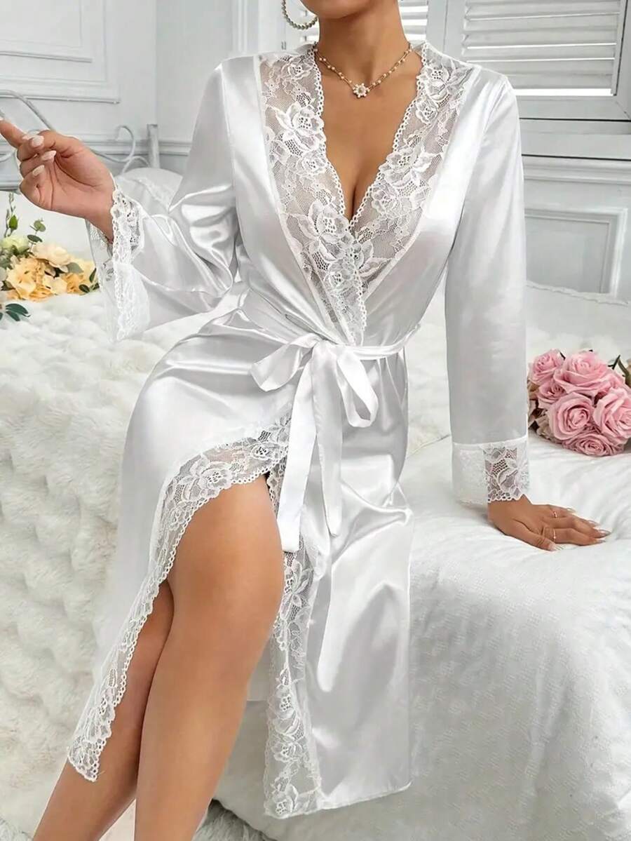 Women's Satin Robe - Sexy Lace Trim V-Neck Robe, Adjustable Waist Tie, Loose Fit, Suitable For All Seasons, Machine Washable, Loungewear, Sexy Sleepwear, Lace Details