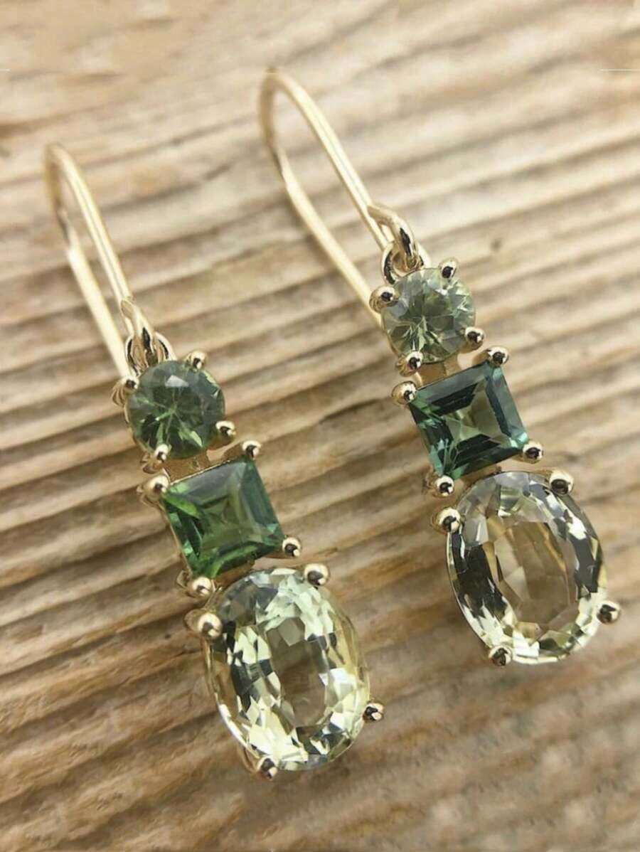 1 Pair Green Vintage Geometric Pendant Earrings Decorated With Synthetic Cubic Zirconia, Suitable For Women To Wear On Festivals And Parties - 金子 - 查看 1