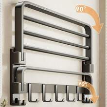 2-Tier Space Saving Wall Mounted Towel Rack With Hooks, Foldable Bathroom Storage Shelf, Suitable For Modern Bathroom - Stylish Design, Durable Metal Structure, Convenient Bathroom Towel Holder, Towel Bar