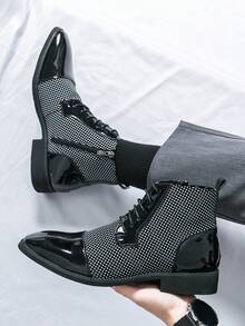 设计师高品质黑白 Barber 秋冬时尚漆皮切尔西靴，正式礼服鞋，印花休闲鞋，舒适复古尖头牛津鞋，绅士高档皮靴，适合新郎和伴郎婚礼服装 - 黑與白 - 查看 9