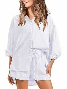 EXLURA - Conjunto de 2 piezas para mujer, de manga larga con botones, conjunto corto a juego, pijama de gran tamaño - Caqui - Ver 11