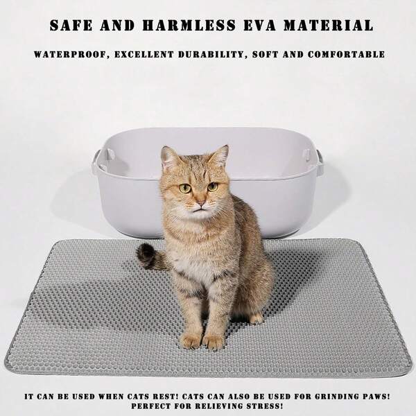 1 Pc Double Layer Cat Litter Box Mat, EVA Non-, Waterproof Urine Proof Cat Litter Catcher Mat, Easy Clean Scatter Control , Gray And Brown