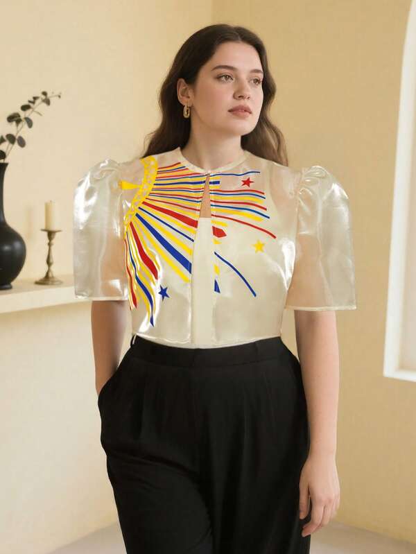 Amyenjoylife Modern Filipiniana Ladies' Elegant Temperament Printed Standing Sleeve Cardigan Top Filipiniana Plus Size