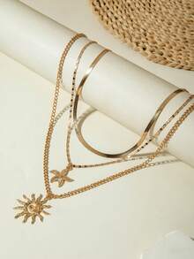 3 pièces Set de collier pendentif délicat à plusieurs couches minimaliste avec fleur, étoile de mer, perle et charms géométriques. Ensemble de bijoux élégant pour femmes, convient pour le port quotidien, décontracté, soirée, rendez-vous, cadeau - 30696-nek-G - Voir 4