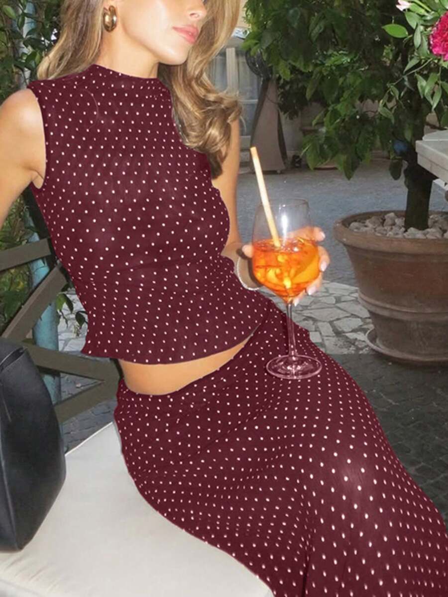 Women's Solid Color Polka Dot Camisole And Long Skirt 2 Pieces Set, Fitted Sexy Outfit For Birthday Party, Nightclub, Date, Casual Wear Summer Vacation Elegant - Burgundy - View 1