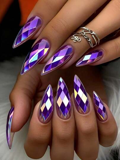 24pcs 3D Rhombus Metallic Shiny Nail Stickers, Gothic Style Nail Stickers, Purple Nail Stickers, Almond Shaped Fake Nails, Autumn Nail Stickers Nail Supplies
