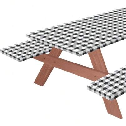 3 PCS Picnic Table Cover With Bench Covers Waterproof Camping Tablecloth Flannel Backing Elastic Edge Wipeable Cover Vinyl Tablecover Fitted 30''x72'' Rectangle Tables (Black White Plaid, 6 FT),23552784