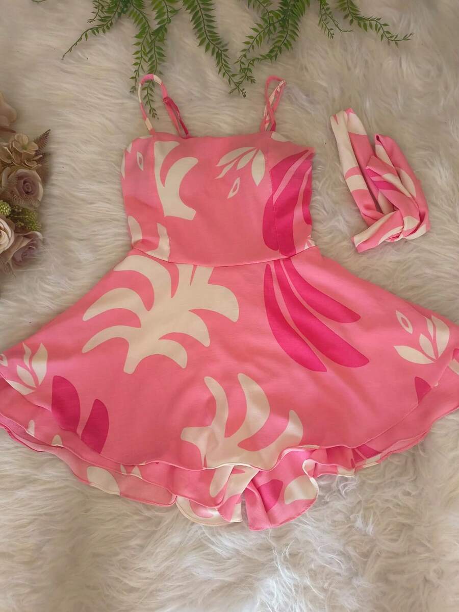 2025 Thin Strap Romper Shorts - Tropical Print + Padded Bra | Elastic Back | One Size (36 To 42) - Party Beachwear - 粉色 - 查看 1