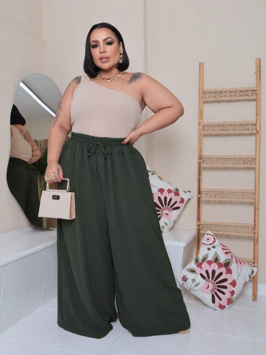 Maxi Pantalona Plus Size Without Slit Duna Fabric Elastic Waist - Army Green - View 1