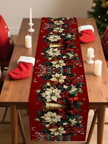 1件红色一品红和金色铃铛圣诞图案涤纶桌旗，节日圣诞风格，100%涤纶长方形桌旗，饰有生动的节日花卉和铃铛图案，抗皱易打理，适用于家庭餐桌装饰、圣诞派对桌面装饰、节日房间装饰 - 彩色 - 查看 3