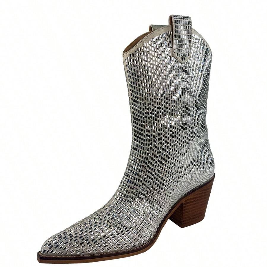 ARiderGirl Miracle Women's Western Cowboy Boots Crystal Rhinestone Embellished Stacked Leather Heel With Stitched Welt Snip Pointed Toe Mid Calf Boots - 銀色 - 查看 1