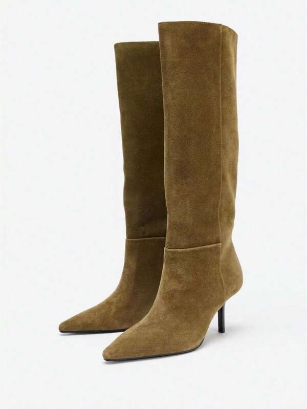 Modische Damen Braun, Khaki, Veloursleder Spitze Stiletto Absatz Slip-On Stiefel, eleganter Partystil, Western Vibe, Herbst/Winter Kniehohe Absatzstiefel