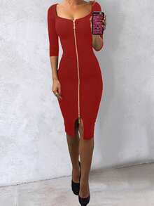 ChicMe Đầm nữ cổ vuông dáng ôm dài ngang gối, tay lửng, khóa kéo phía trước, xẻ tà, dáng ôm sát, thích hợp cho tiệc cocktail, hộp đêm, tiệc tối trang trọng, gợi cảm và thanh lịch mùa hè. - Đỏ - Xem 5