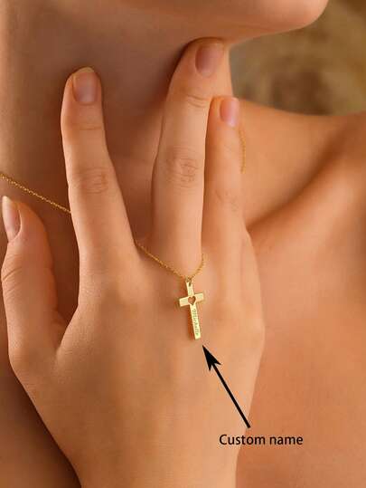 1PC Custom Personalized Elegant Heart-Shaped Cross Pendant Necklace, Stainless Steel Jewelry, Name Necklace, Charm Necklace, Christmas Anniversary Graduation Gift, Fashion Accessories, High-Quality Engraving, Custom Jewelry, Custom Christmas Gifts, Halloween Gifts, Anniversary Gifts, Personalized Gifts, Suitable Gifts For Family And Friends