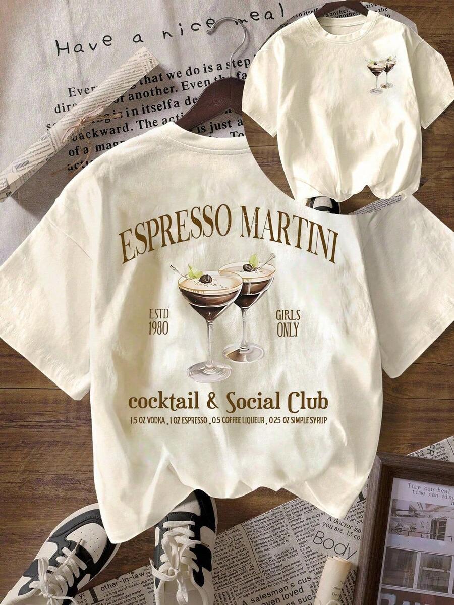 Playera femenina casual estilo retro estampado cóctel print texto colorido corte holgado cuello redondo manga corta primavera verano uso diario camiseta - Beis - Ver 1