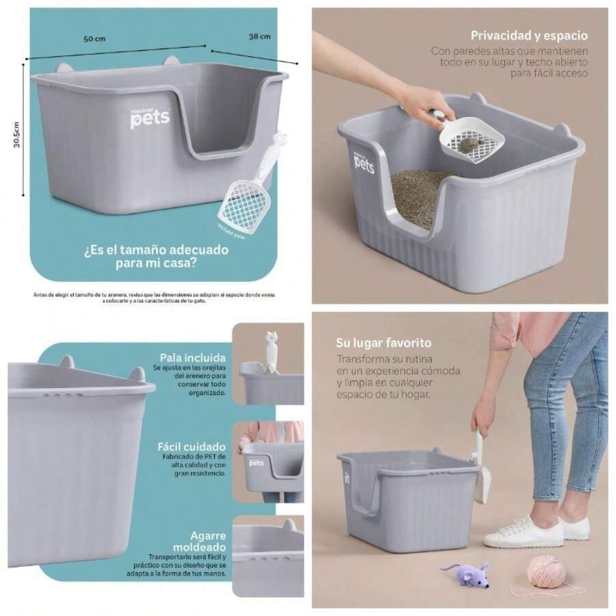 Arenero Inodoro para Gato Caja de con Pala, Paredes Altas Verde, - Gris + Regular - Ver 1