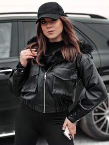 Damen Kunstlederjacke mit Kapuze und abnehmbarem Kunstfellbesatz, elegante Herbst- und Winter-Kurz-Übergangsjacke, stylische Freizeit- und Alltagsjacke mit Reißverschluss, Taschen und verstellbaren Ärmeln - Schwarz - Übersicht 3