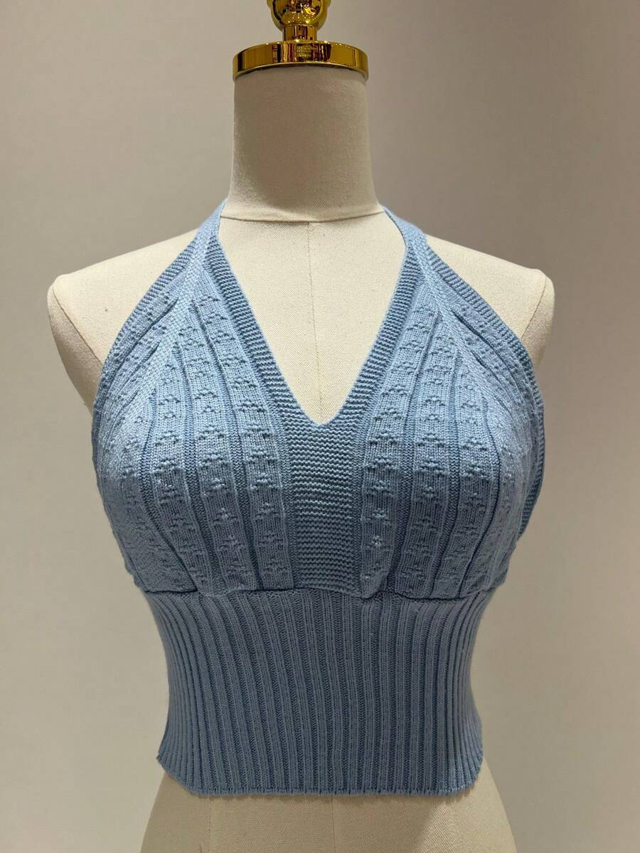 Simple, Knitted, Cable Knit, Backless, Beach, Tie-Up Crop Top - Baby Blue - View 1