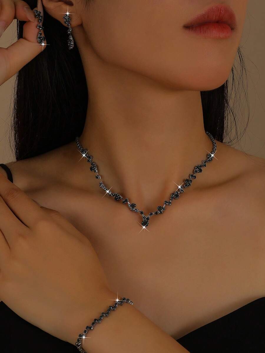 4pcs/Set European & American Cross-Border Necklace, Earrings, Bracelet, Earrings Jewelry Set, Fashion Versatile Bridal Accessories ,Summer,Jewellery,Festival,Accessories - Black - View 1