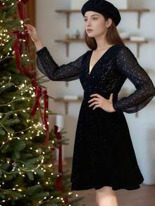 D&M 女士优雅奢华亮片拼接天鹅绒金属 V 领长袖喇叭形派对连衣裙，时尚服装适合日常和特殊场合，非常适合晚间约会 - 黑色 - 查看 1