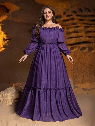 Elegant Plus Size Off-Shoulder Long Sleeve Bridesmaid Dress With Ruffle Trim A-Line Maxi - Perfect For Formal Weddings, Black Tie Galas, Evening Balls, Charity Events, & Prom Celebrations