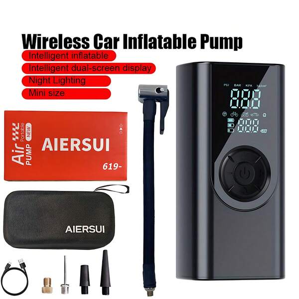 Compressor de ar portátil de 150 PSI, bomba de pneus sem fio, inflador de pneus de carro manual com luz LED integrada, feito de plástico ABS. Bateria de íon-lítio de 7,4 V/12 V CC de 2000 mAh. Adequado para carros/motocicletas/bicicletas/bolas de basquete/boias. Acessórios para carro/equipamento essencial para carro/presente.