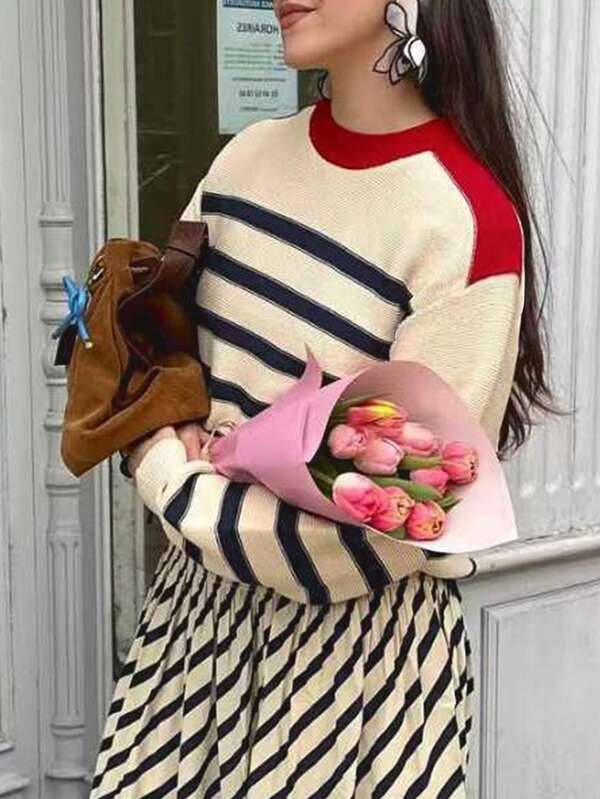 Blusa de mujer con bloques de color y rayas, suéter de cuello redondo de manga larga, ropa casual de calle, adecuado para moda de otoño e invierno, atuendos de oficina para mujer, suéter para mujer, ropa de otoño para mujer, blusas de mujer, atuendo de Acción de Gracias para mujer, ropa de Navidad para mujer, atuendo de Navidad para mujer, atuendo de Acción de Gracias para mujer.