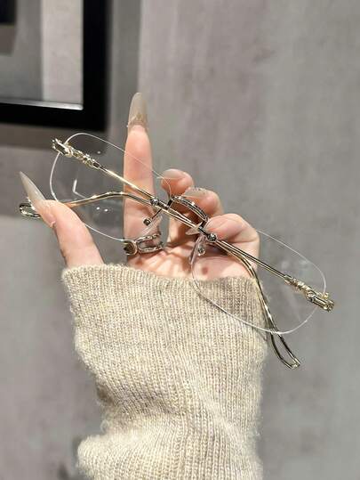 1 Pair Women's Copper Frame Rimless Transparent Glasses, Suitable For Back To School, Daily Life, Office, Reading, TV Watching, Gaming, Smartphone Use, Can Also Be Used As Decoration