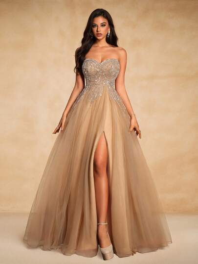 VIPGIRL Elegant Beaded Heart Neckline Sheer Tulle Formal Gown, High Slit Design - Champagne Color Graceful Evening Dress, Suitable For Formal Occasions