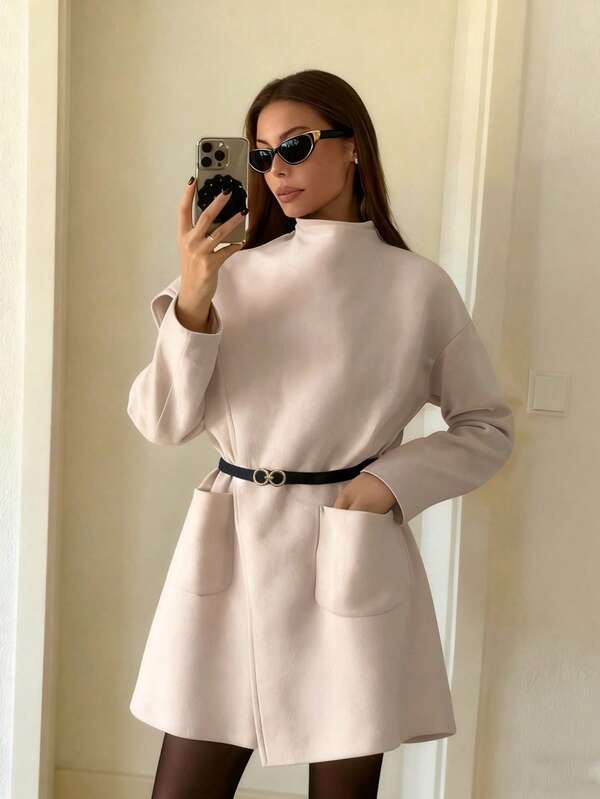 Damen eleganter Pendler-Lässig vielseitiger asymmetrischer Taschen Langarm Mantel aus Wollmischung in Knielänge, geeignet für Halloween, Heiligabend, Weihnachten, Frühlingsfest, Ausflüge, Treffen mit Freunden, Einkaufen, Unterhaltung, Arbeit usw. Allround-Mantel mit komfortablem Stoff, markanter Stil, hohe Preis-Leistung, Herbst/Winter