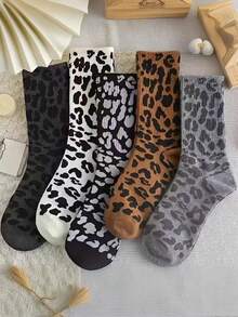 5 Pairs Women's Leopard Print Socks - High-Waisted Stackable Mid-Calf Retro Fashion Socks With Bold Animal Print, Assorted Colors For Fall Winter Outfits,Worthy Stylish Accessories, Novelty So - Multicolor - View 1