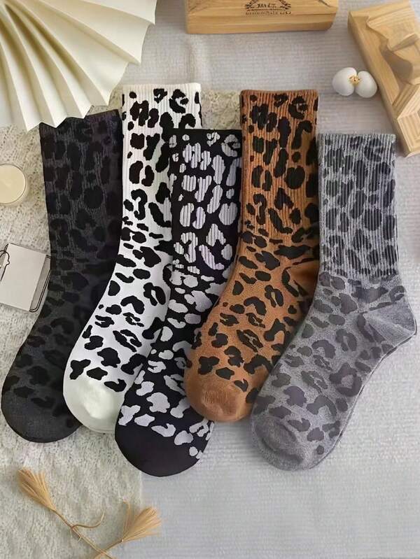 5 Pairs Women's Leopard Print Socks - High-Waisted Stackable Mid-Calf Retro Fashion Socks With Bold Animal Print, Assorted Colors For Fall Winter Outfits,Worthy Stylish Accessories, Novelty So