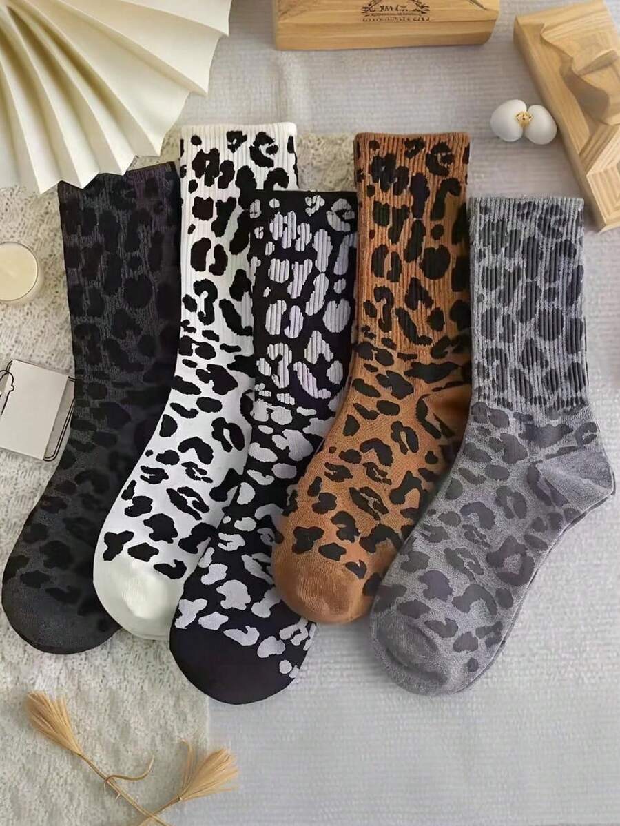5 Pairs Women's Leopard Print Socks - High-Waisted Stackable Mid-Calf Retro Fashion Socks With Bold Animal Print, Assorted Colors For Fall Winter Outfits,Worthy Stylish Accessories, Novelty So - Multicolor - View 1
