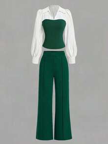 Plus Size Women's New Fashion Striped Patchwork Solid Color Suit, Elegant Casual Patchwork Collar Long Sleeve Pants Two Pieces Set, Suitable For Office And Home