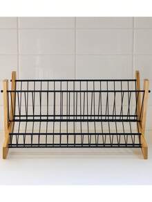 Rejilla de bambú de 2 niveles con forma de X, multifuncional, plegable, ahorra espacio, de acero inoxidable, de gran capacidad, para cocina, cuencos, platos, soporte, natural
