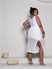 Plus Size Midi Skirt With Openwork Fabric In Modal Knit, Elegant, Casual - Off - View 3
